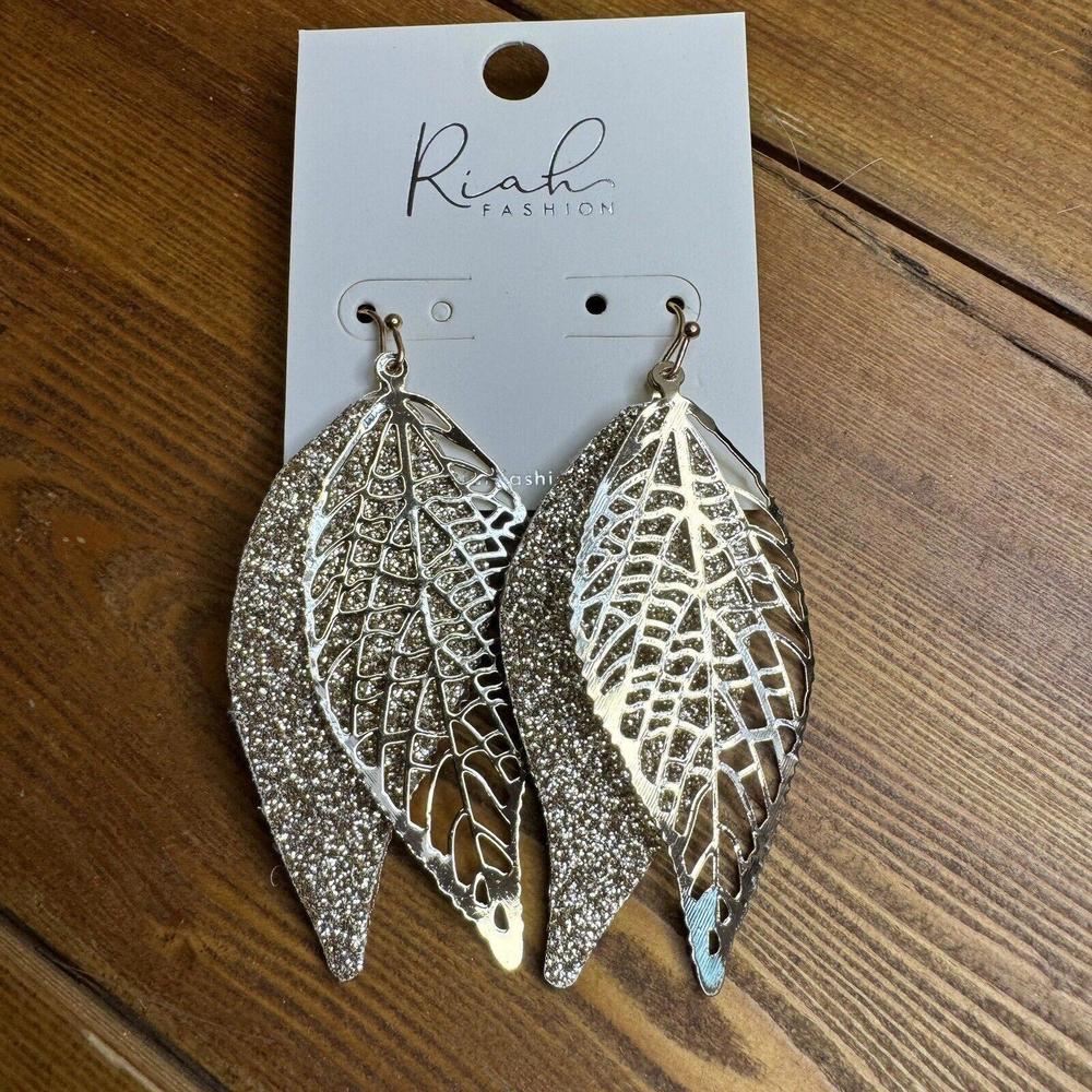 Riah Fashion Brand Gold leaf metal filigree layer earrings 2 Inches Long